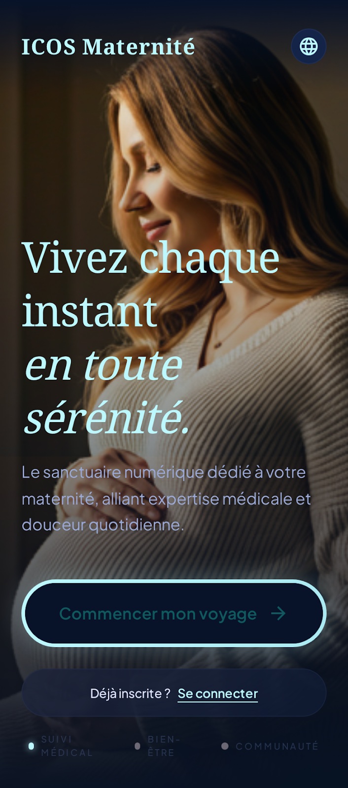 Écran d’accueil de l’application patiente ICOS Mobile, avec accès à l’inscription et à la connexion