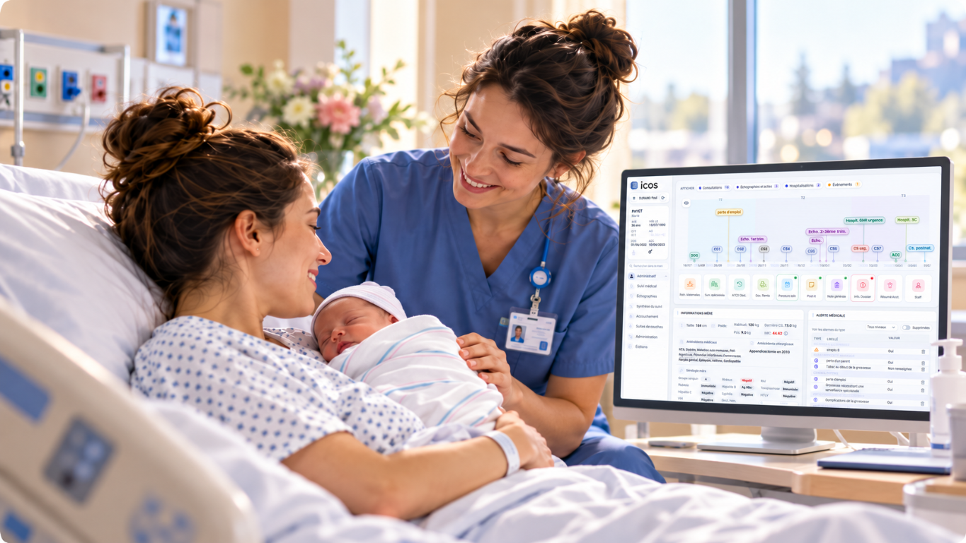 Scène de maternité illustrant le suivi mère-enfant avec ICOS