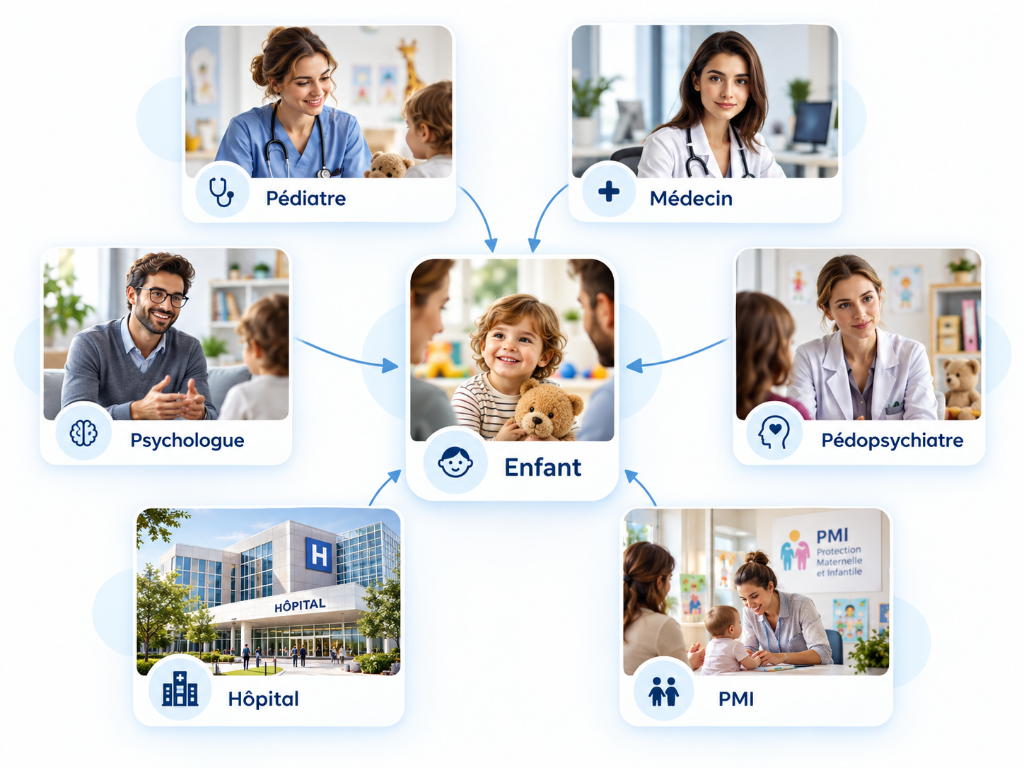 Pédiatre, médecin, psychologue, pédopsychiatre, hôpital et PMI autour de l’enfant